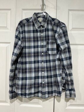 🤎 J.  Crew Men’s Slim Indian Madras Blue Plaid Long Sleeve Button Down Shirt - L